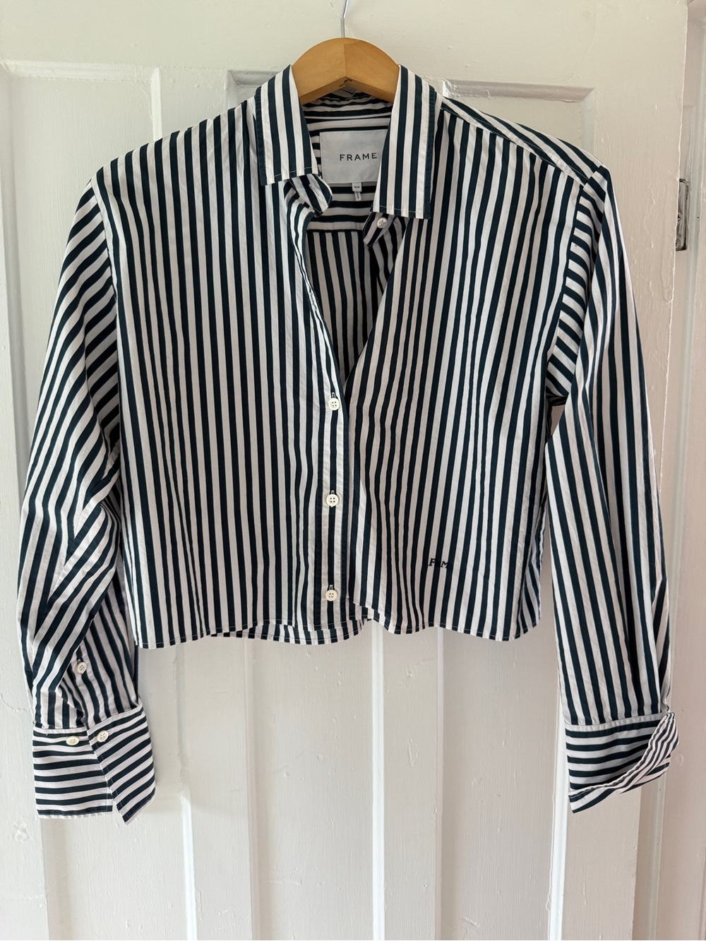 Frame Denim Navy and White Striped Cropped Button-Down Shirt